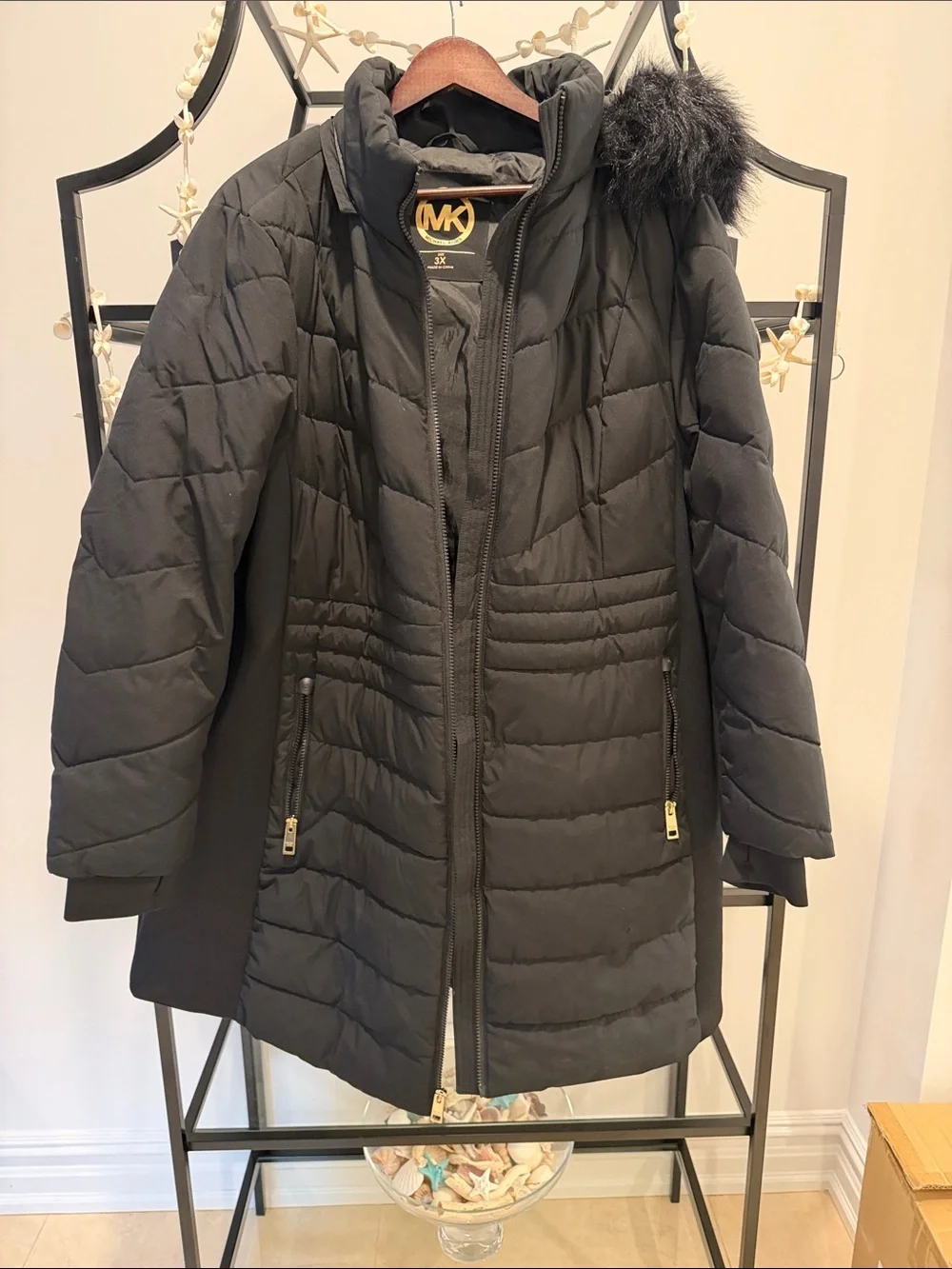 Michael Kors Black Quilted Puffer Coat with Faux Fur Hood Trim
